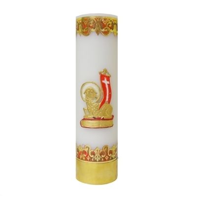 świeca ołtarzowa na wkład olejowy - zdobiona malunkiem złotego Baranka Bożego z czerwonym sztandarem z krzyżem