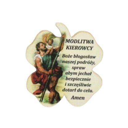plakietka ze świętym Krzysztofem i modlitwą w kształcie czterolistnej koniczyny
