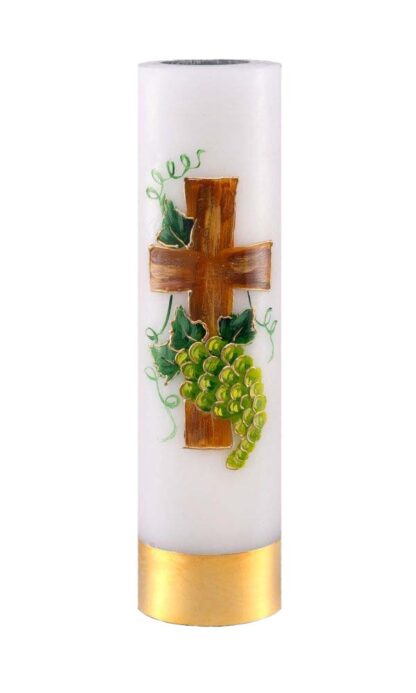 Świeca ołtarzowa biała ręcznie malowana z rysunkiem krzyża i winogron ze złotym paskiem na dole