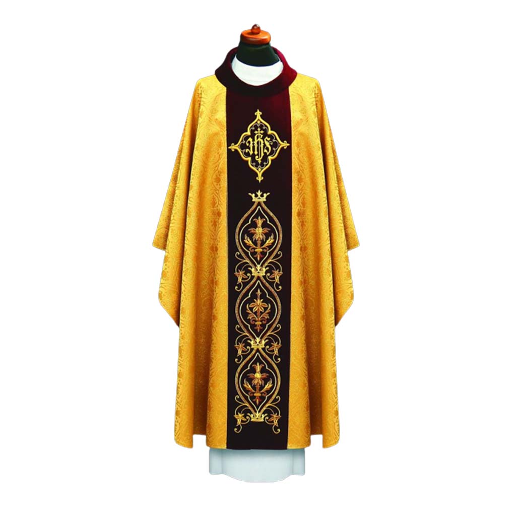 Ornat uszyty z ozdobnej tkaniny z bogatym złotym haftem Eucharystycznym na szerokim aksamitnym pasie