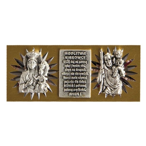 Plakietka metalowa ze św. Krzysztofem i Matką Bożą