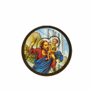 okrągła, kolorowa plakietka ze św. krzysztofem