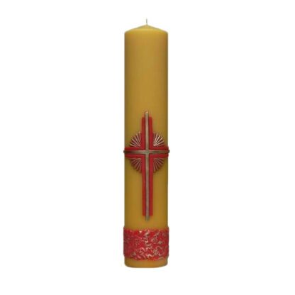 świeca ołtarzowa samospalająca z dodatkiem wosku z czerwonym paskiem i czerwonym krzyżem