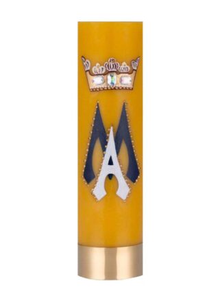 świeca ołtarzowa żółta ręcznie malowana z symbolem maryjnym, złotą koroną i złotym pasem na dole