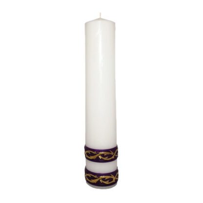 biała świeca ołtarzowa samospalająca z dwoma fioletowymi paskami na dole