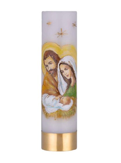 Świeca ołtarzowa biała z rysunkiem świętej rodziny i gwiazd na dole jest złoty pasek