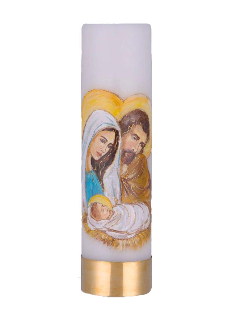 Świeca ołtarzowa z wkładem biała z rysunkiem świętej rodziny ze złotym paskiem na dole świecy
