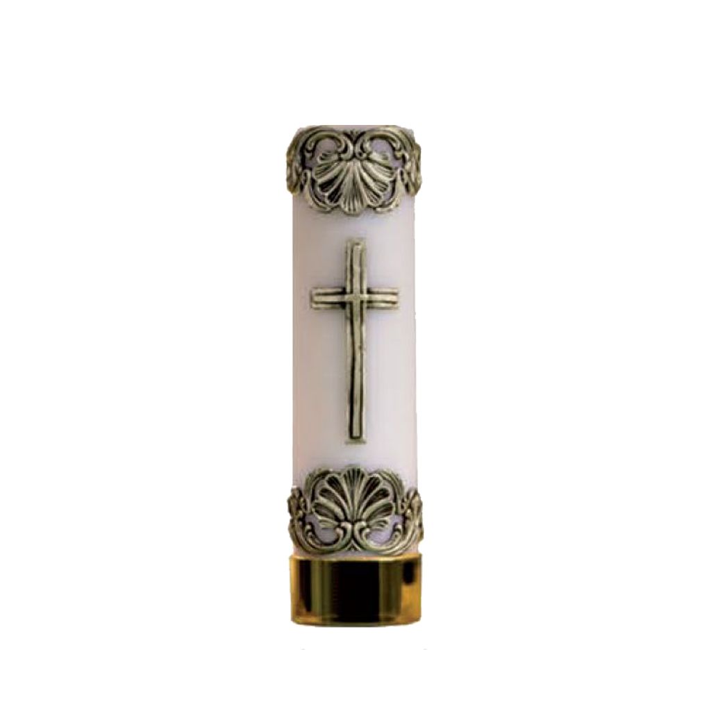świeca ołtarzowa biała z ręcznie malowaną aplikacją krzyża oraz bogatymi zdobieniami u góry i dołu świecy w kolorze złota; świecę opasa złoty pierścień u podstawy