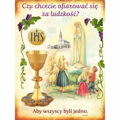 baner dekoracyjny na Boże Ciało z napisem czy chcecie ofiarować się za ludzkość, Maryją i modlącymi się dziećmi