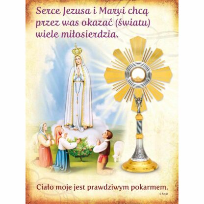baner dekoracyjny na Boże Ciało z napisem serce Jezusa i Maryi chcą przez was okazać światu wiele miłosierdzia; matka boska fatimska i klęczące dzieci