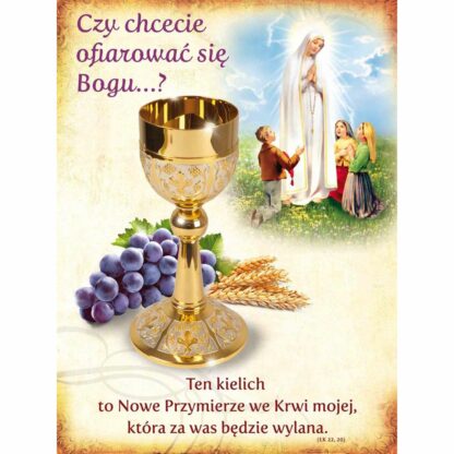 baner dekoracyjny na Boże Ciało z napisem czy chcecie ofiarować się Bogu?; kielich z darami, matka boska fatimska