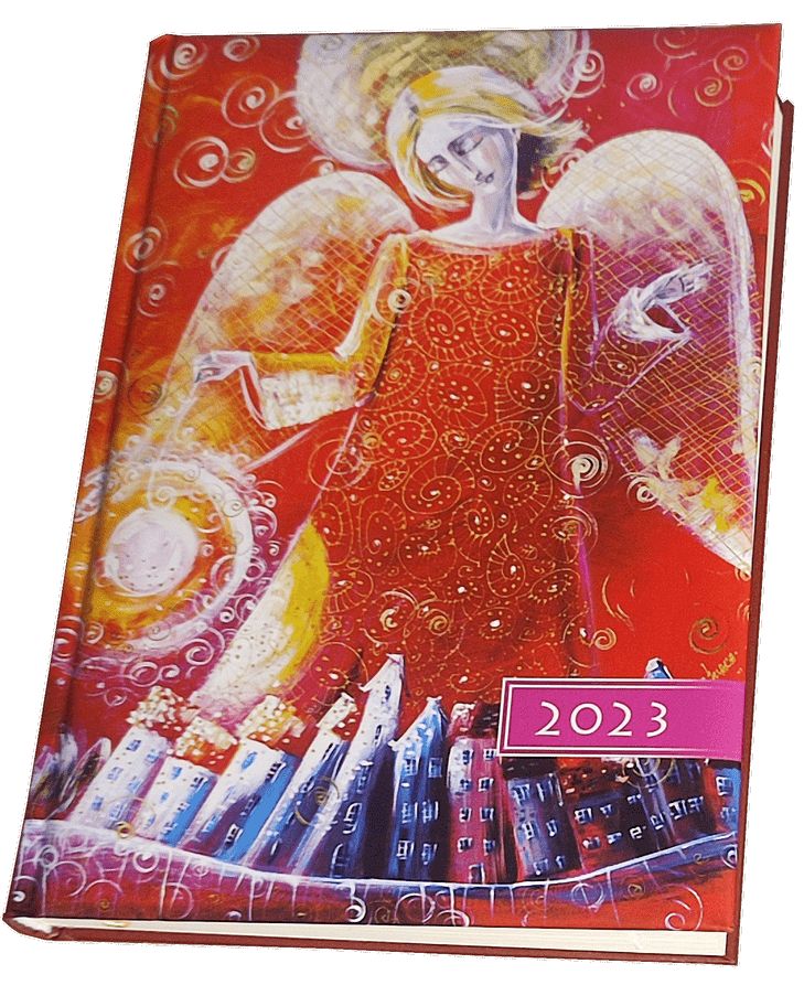 kalendarz/terminarz 2023 w twardej okładce w kolorach czerwieni i wizerunkiem anioła