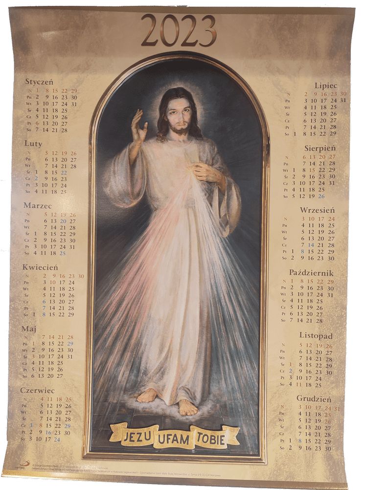 kalendarz ścienny na rok 2023 z postacią Jezu Ufam Tobie w centrum i widokiem miesięcy dookoła
