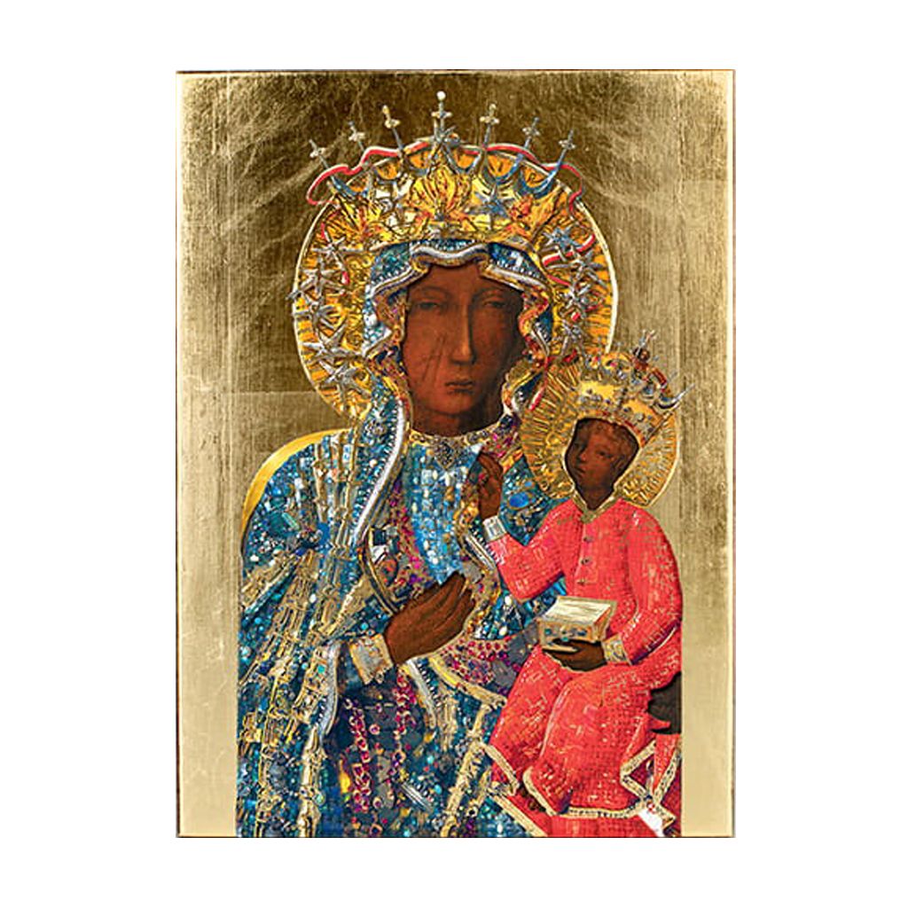 ikona przedstawiająca matkę boską częstochowską w pięknie zdobionej szacie i pokaźnej koronie, trzymającą dzieciątko Jezus na rękach