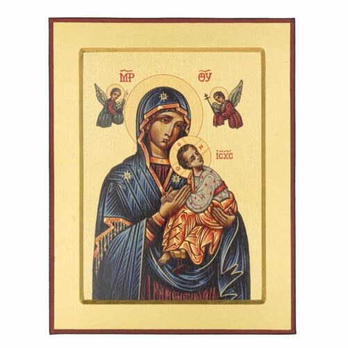 ikona religijna matka boża nieustającej pomocy na złotym tle z dzieciątkiem jezus i dwoma aniołkami