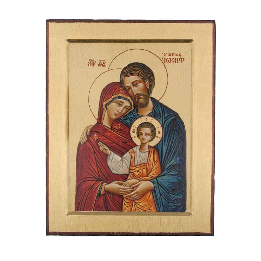 ręcznie wykonana ikona, przedstawiająca świętą rodzinę - maryję w czerwonej szacie, józefa w niebieskiej i dzięciątko jezus w pomarańczowej