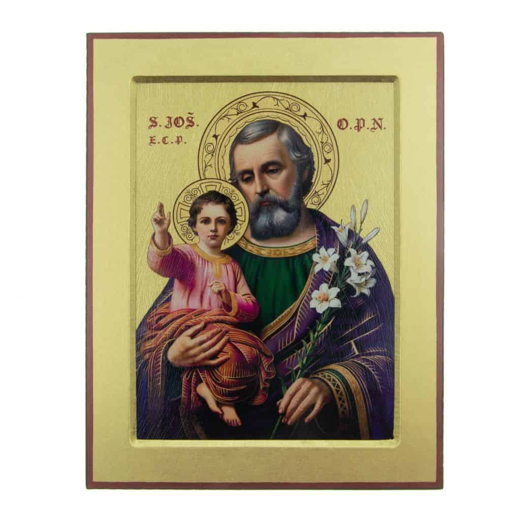 ręcznie wykonana ikona, przedstawiająca św. Józefa, trzymającego dzieciątko jezus na rękach