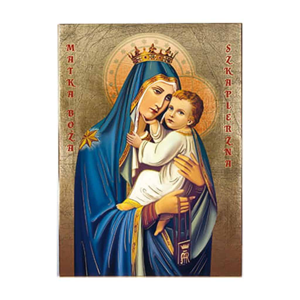 ikona - matka boska szkaplerzna w niebieskiej szacie, koronie i z dzieciątkiem Jezus na rękach