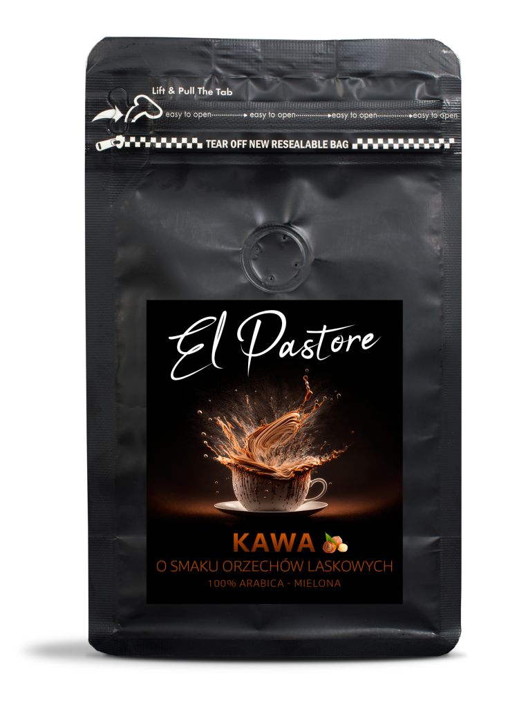 czarne opakowanie kawy mielonej o smaku orzechowym - 200g - z etykietą z napisem El Pastore i eksplodującą filiżanką kawy i orzech