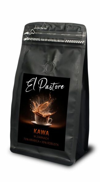 czarne opakowanie kawy ziarnistej - 1kg - z etykietą z napisem El Pastore i wybuchająca filiżanką kawy