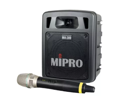 czarny głośnik mipro MA 300 z mikrofonem bezprzewodowym ACT 58H