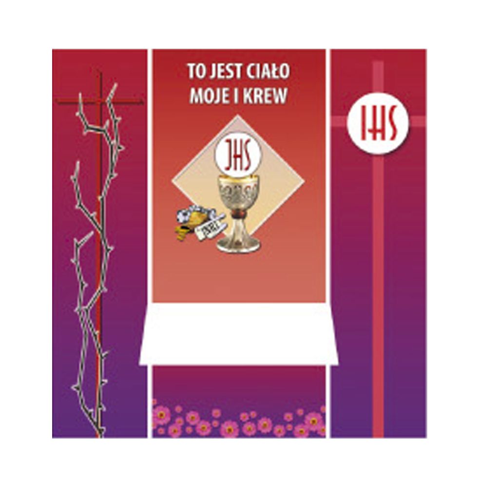 wydruk na ołtarz przenośny na boże ciało z emblematem - kielich, winogrona, hostia JHS, kolor dominujący fioletowy