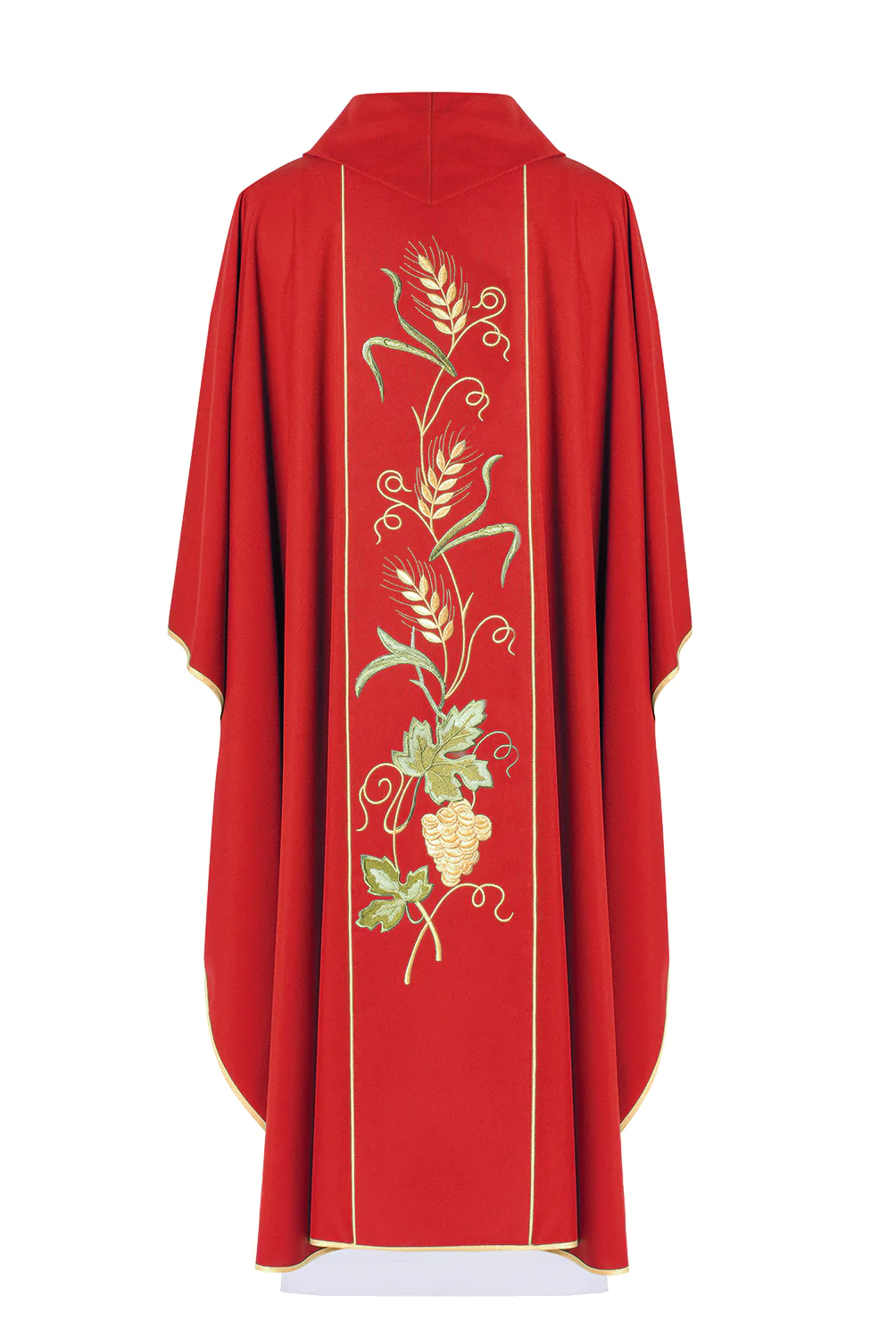 ornat czerwony dla księdza z kapturem oraz haftowanym pasem, biegnącym pionowo przez środek pleców, przedstawiającym symbol IHS, złote kłosy oraz winogrono