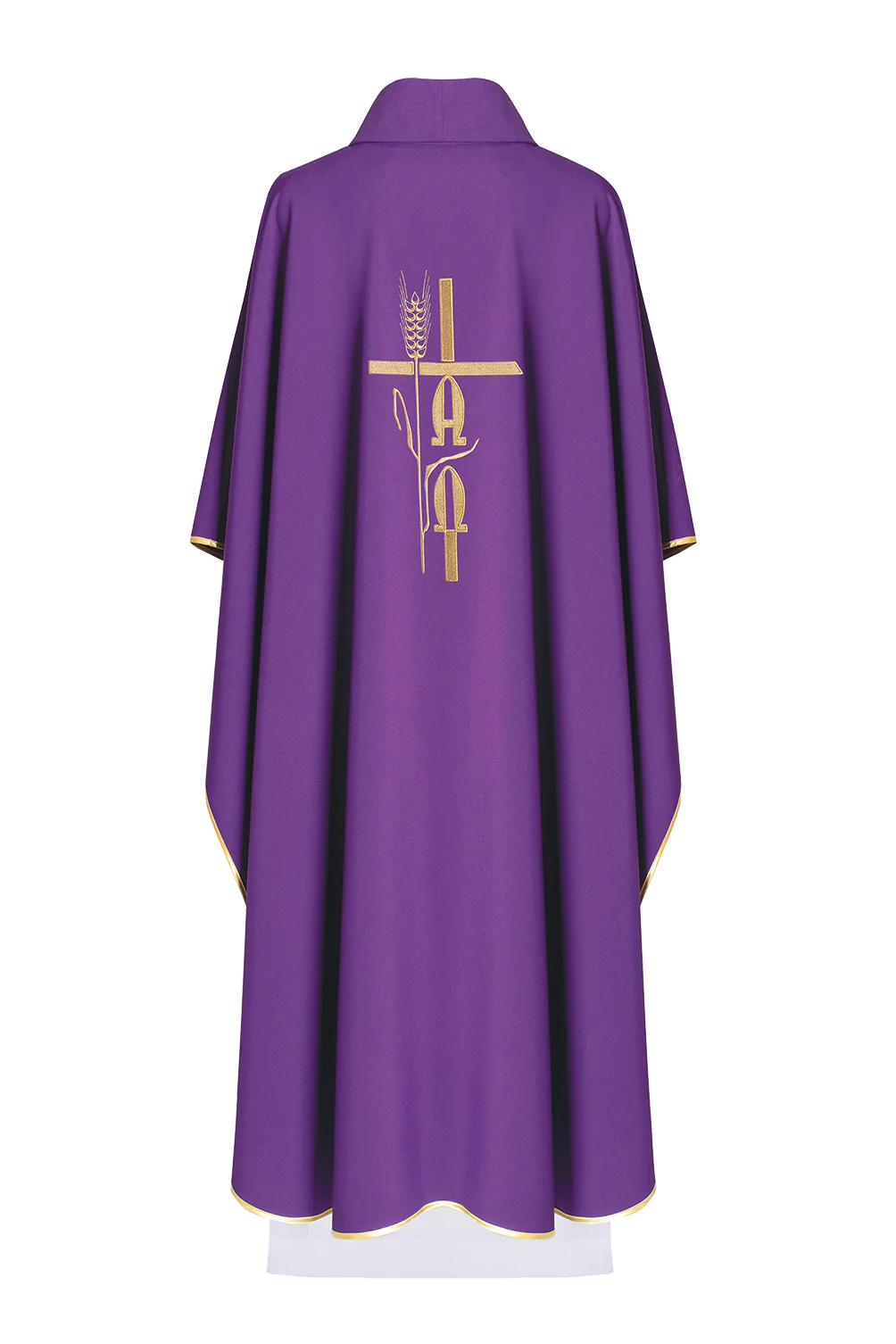 ornat fioletowy dla księdza zdobiony złotym symbolem Alfa Omega na plecach