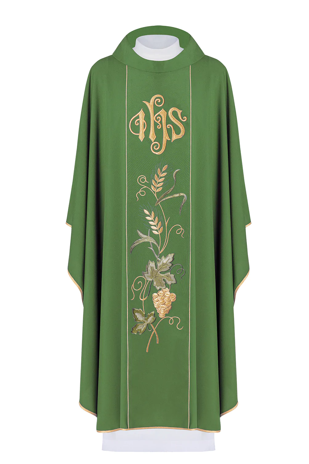 ornat dla księdza w kolorze zielonym z haftowanym pasem, biegnącym pionowo przez środek, zawierającym symbol IHS, złote kłosy oraz winogrono