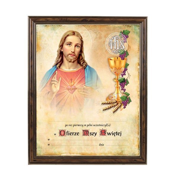 obrazek komunijny w brązowej ramce - serce jezusa