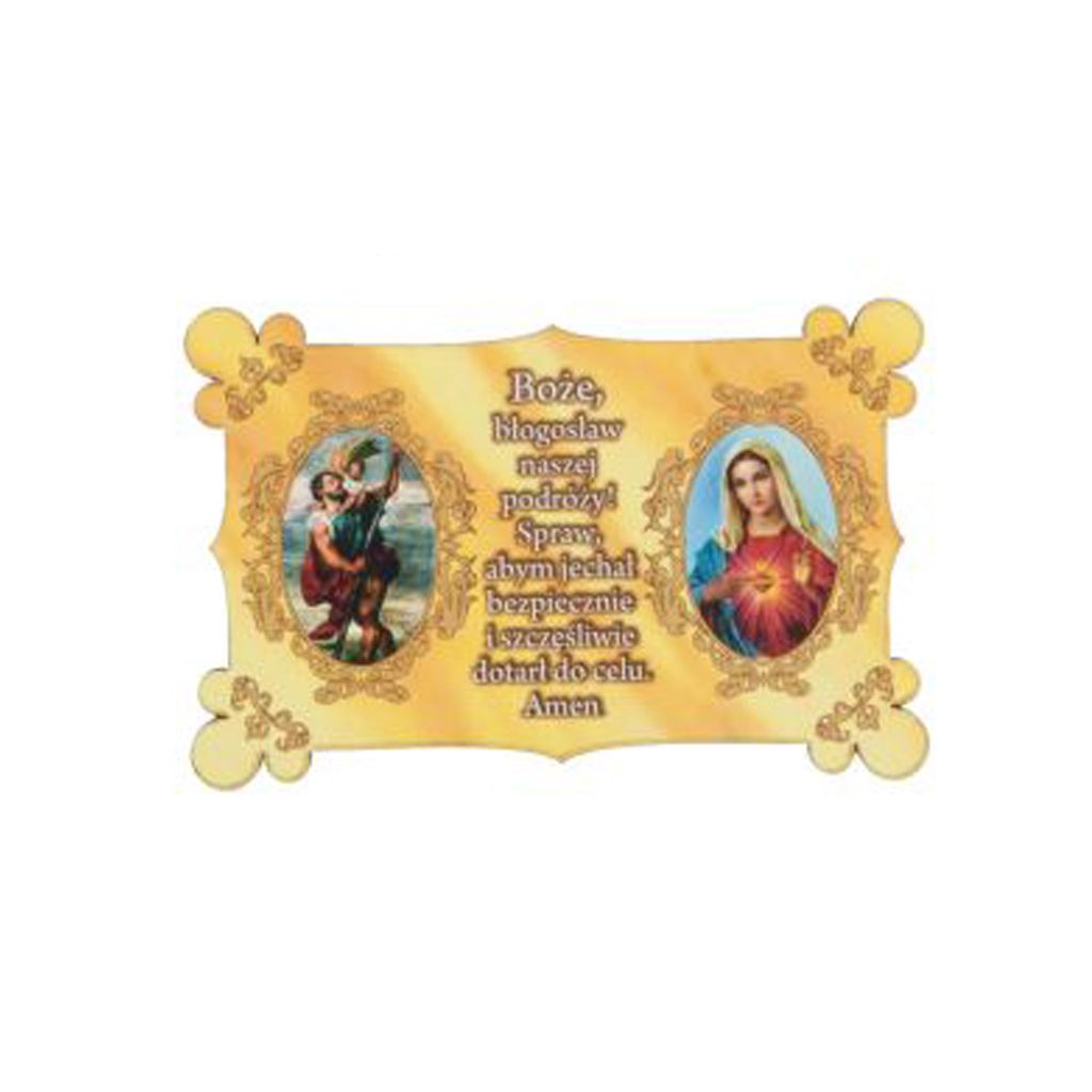 plakietka ze św. krzysztofem i tekstem modlitwy kierowcy i Maryją z sercem