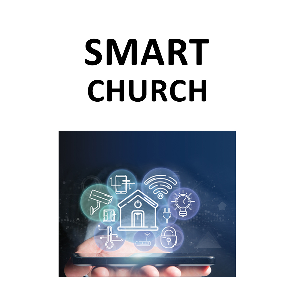 napis "smart church" i grafika nowoczesnego kościoła poniżej