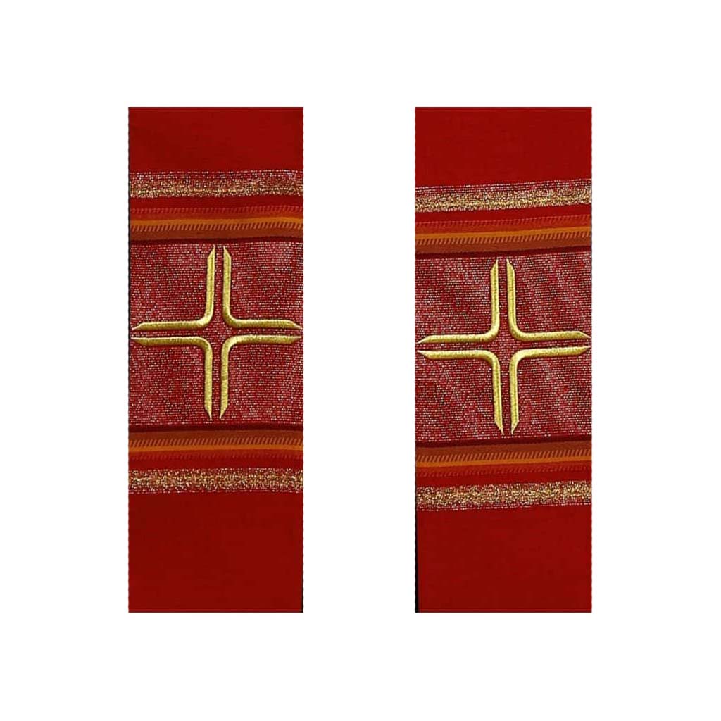 Stuła haftowana dwustronna do koncelebry w kolorze czerwonym / zielonym Stuła udekorowana jest dwoma krzyżami.
