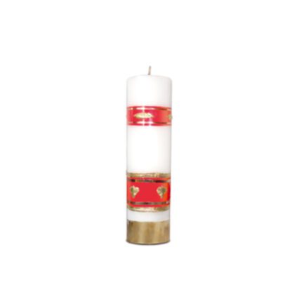 świeca ołtarzowa biała na wkład olejowy z aplikacją - dwoma czerwonymi poziomymi obręczami i złotą podstawą