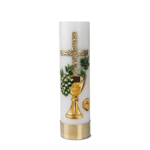 świeca ołtarzowa na wkład olejowy, zdobiony wizerunkiem krzyża, winogronem i złotym kielichem z hostią