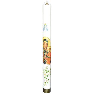 biała świeca roratnia z wizerunkiem Matki Boskiej Częstochowskiej