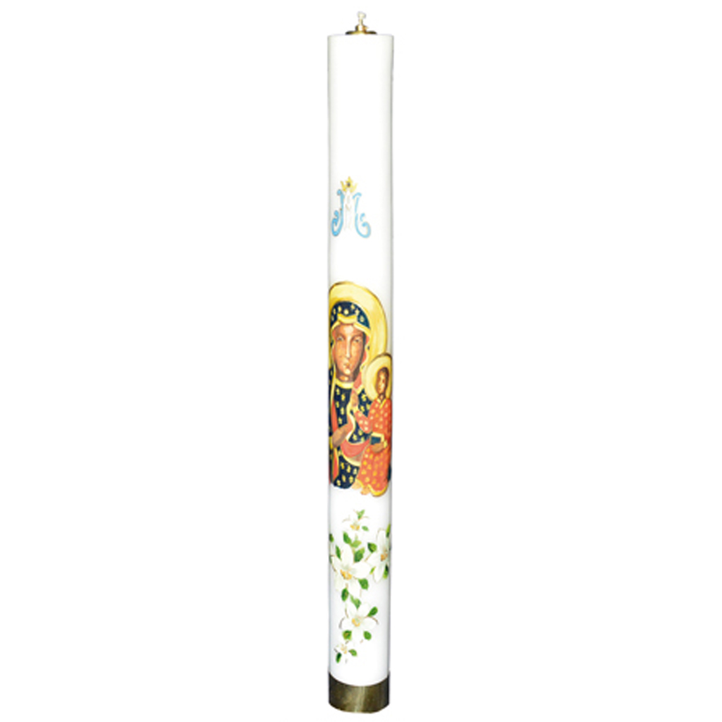 biała świeca roratnia z wizerunkiem Matki Boskiej Częstochowskiej