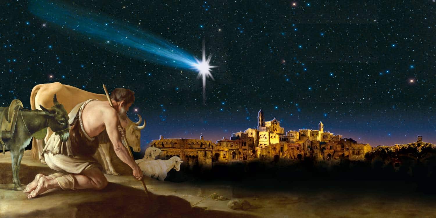 Tło do szopki bożonarodzeniowej, zawiera wizerunek pasterza, obserwującego ze wzgórza Gwiazdę Betlejemską nad miastem Betlejem