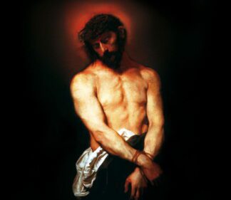 tło do ciemnicy z wizerunkiem skrępowanego Jezusa Chrystusa, widok do pasa, efekt przyciemnione światło