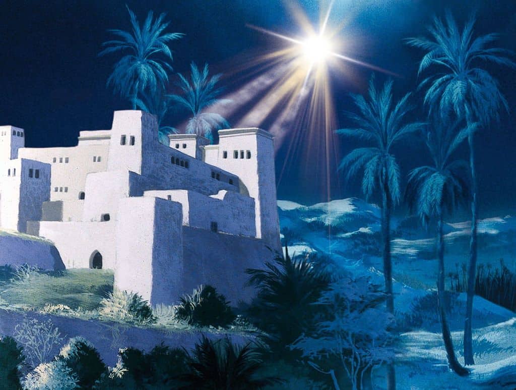 tło do szopki przedstawiający gwiazdę betlejemską nad białym budynkiem na wzgórzu wśród palm, tło zilustrowane jest w odcieniach niebieskiego kolor