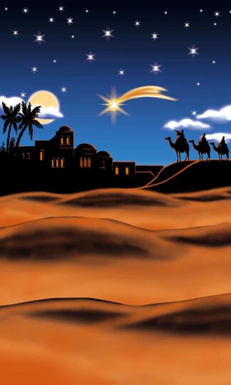 tło do szopki bożonarodzeniowej przedstawiające gwiazdę betlejemską nad Betlejem i wydmamy pustynnymi