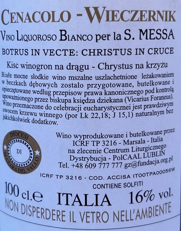 etykieta wina mszalnego - cenacolo - wieczernik z tekstem takim jak w opisie produktu