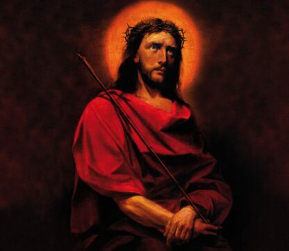 Baner jest w ciemnych barwach, na przodzie znajduje się Pan Jezus Chrystus z koroną cierniową na głowie spoglądający przed siebie.