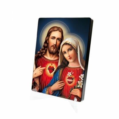 Na prezentowanej ikonie religijnej znajduje się wizerunek Serca Maryi i Serca Jezusa.