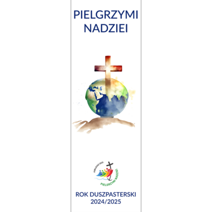 baner na nowy rok duszpasterski z granatowym cytatem Pielgrzymi Nadziei na białym tle