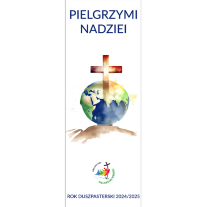 baner na nowy rok duszpasterski z granatowym cytatem Pielgrzymi Nadziei na białym tle