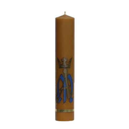 świeca ołtarzowa samospalająca z dodatkiem wosku z niebieskim symbolem maryjnym