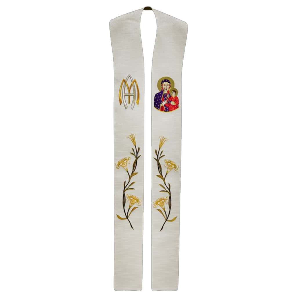 stuła kapłańska z wizerunkiem Matki Boskiej Częstochowskiej, haftowana złoto-srebrną nicią