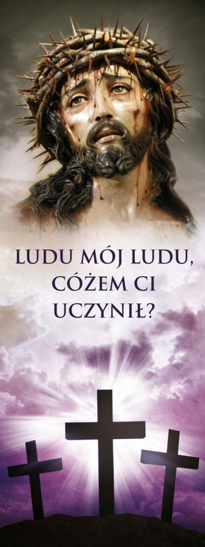 Baner zachowany jest w stonowanych barwach. Od środka do dołu umiejscowiony został biały napis "Ludu mój, ludu, cóżem ci uczynił?" Tuż powyżej znajduje się postać Pana Jezusa Chrystusa z koroną cierniową na głowie.