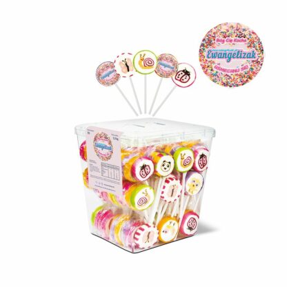 półprzezroczyste opakowanie lizaków Ewangelizaki - mały rozmiar lizaka, rożowa etykieta